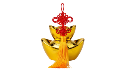 Stack of chinese gold ingot ornaments with red tassel and knot isolated on transparent background