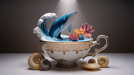 Antique Ceramic Bowl with Coral Reef and Tropical Fish