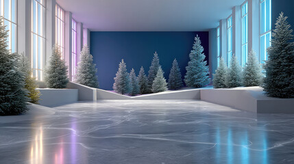 Frosted pine tree winter landscape indoor ice rink neon light blue wall snow modern holiday festive peaceful