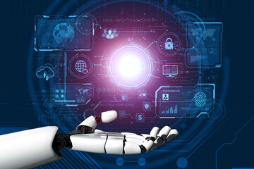 An AI assistant operates a futuristic command center, managing a global technology platform. The system provides intelligent data security and network administration. Fermion