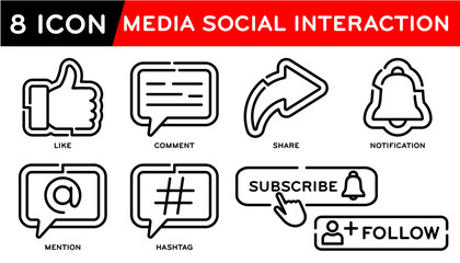 MEDIA SOCIAL INTERACTION, Like, Comment, Share, Subscribe, Follow, Notification, Mention, Hashtag. Vector illustration