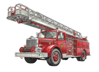 Vintage fire truck with extended ladder on black background