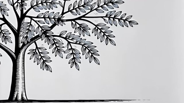 Detailed black and white linocut style tree illustration video showcasing intricate leaf patterns and sturdy trunk on minimalist white background.