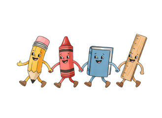 Colorful school supplies characters walking together happily
