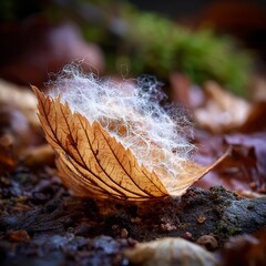 Dried leaf with white fungal growth on forest floor