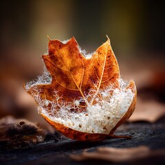 Fungi growing on autumn leaf on wooden surface