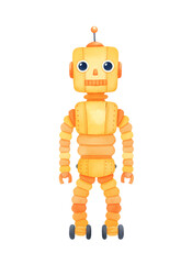 Vintage orange robot standing on black background with wheels
