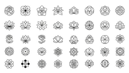 Collection of various black and white flower line art designs