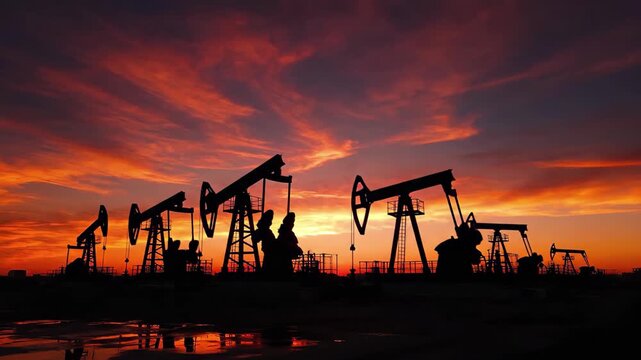 Silhouettes of multiple oil pump jacks operating in a field against a dramatic sunset sky with orange and red clouds, 4k high quality video