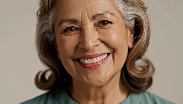 Close up of a joyful senior woman smiling brightly at the camera on a light background for aging gracefully concept and dental health