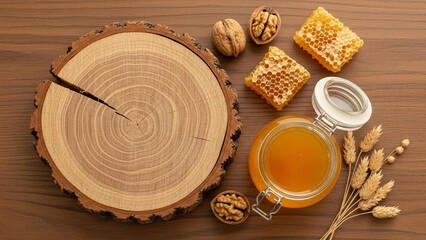 蜂蜜と木の幹、シンプルな背景素材、合成用写真素材、上から見た構図