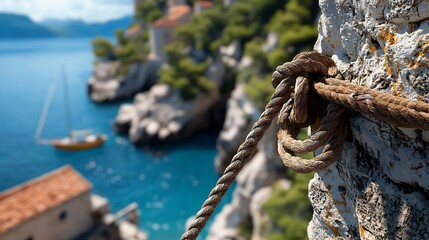 Secure Rope Knot on Rocky Cliff Overlooking Azure Sea Montenegro Coastline.