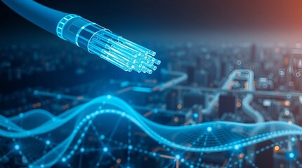 visual of advanced fiber optic cables emitting blue light over a digital cityscape.