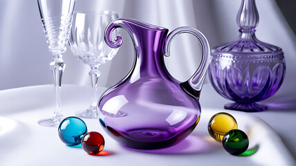 Elegant Still Life with Ornate Glass Decanter, Wine Glasses, and Colorful Spheres