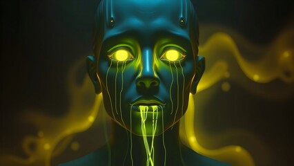 Futuristic Android Face with Dripping Yellow Neon Light