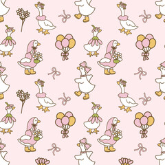 Charmingly Cute Seamless Pattern with Cartoon Geese, Flowers, and Balloons © Chotirat