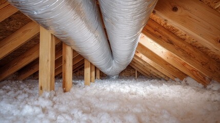 Close-up of an attic interior featuring insulation and metallic ductwork.  Wooden support beams form a structural grid.  Fluffy material covers the floor