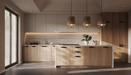 Modern minimalistic kitchen with wooden cabinets and island in apartment