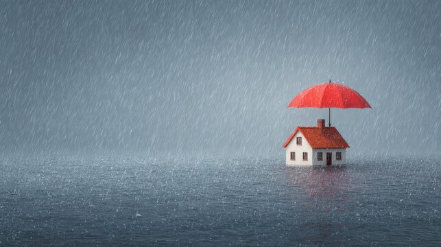 House under umbrella in rain