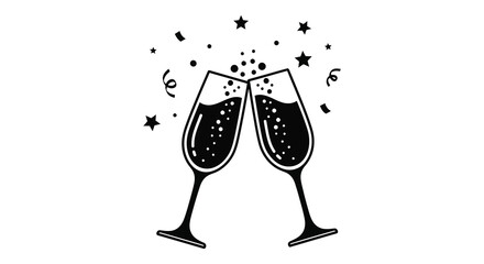 A celebratory toast with two champagne glasses amidst sparkling stars a striking silhouette