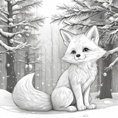Black and white illustration for a children's coloring book.
A cute little fox cub with a fluffy tail stands calmly under a small fir tree in a winter forest.
Soft, fairytale style, cozy winter mood.
