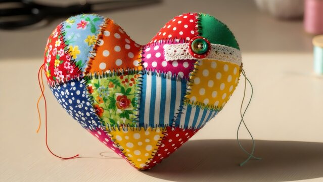 Patchwork heart cushion with polka dots and stripes, handmade fabric decor, cheerful home styling