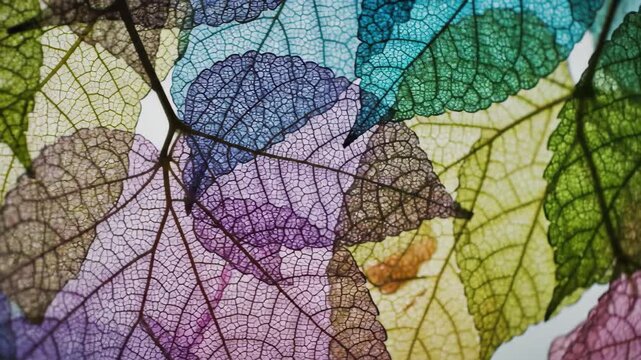 Closeup of colorful skeleton leaves showing intricate vein structure against a bright background, 4k high quality video