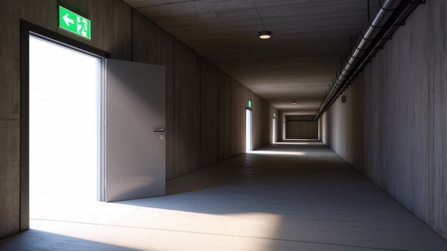 Emergency drill with open exit door in long concrete corridor illuminated by light and emergency sign during building hallway drill