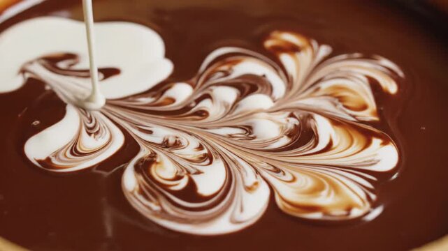 A rich swirl of cream dances into dark chocolate sauce, creating intricate patterns in a dynamic macro food art display.