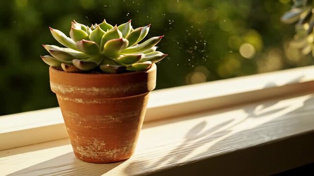 Serene Succulent: A solitary succulent in a terra cotta pot sits bathed in soft sunlight, its verdant leaves exuding tranquility, nestled in a wooden sill.