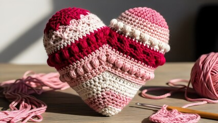Artistic handmade heart decor, crochet and fabric texture, cozy romantic craft, studio light