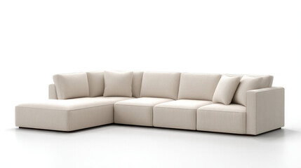 Beige modular sectional sofa with low profile, plush cushions, and modern design, perfect for living room comfort and relaxation