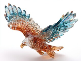 Artistic Glass Eagle Sculpture With Iridescent Blue and Amber Hues Mid Flight Studio Shot