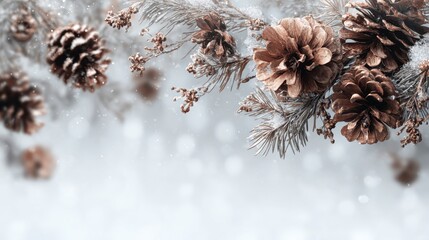Close-up of frosted pinecones and branches, dusted with artificial snow against a blurred, light blue backdrop. A festive seasonal image