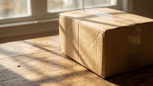 A brown cardboard box sits on a rustic wooden table. Sunlight filters through a nearby window, casting long shadows and illuminating the scene