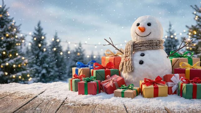 Charming Snowman With Stacked Gift Boxes On A Wooden Table With Snowy Pine Trees And Twinkling Lights In The Background During Winter