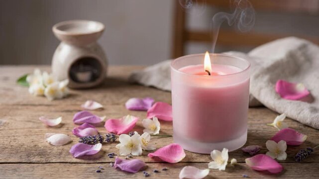 Close up of a lit pink candle surrounded by delicate flower petals and lavender sprigs on a rustic wooden table with a ceramic diffuser in