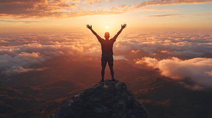 Man standing on mountain peak with arms raised at sunrise above clouds