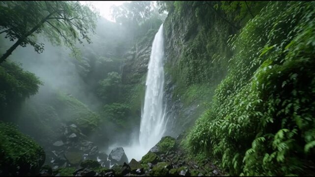 A breathtaking waterfall cascades down a lush green cliff in a misty forest