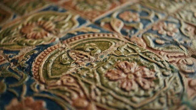 Detailed macro view of an antique carved wooden surface featuring an intricate floral and vine pattern. The texture is highlighted by soft lighting