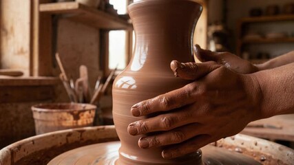 Hands shaping a brown clay vase on a pottery wheel in a rustic studio setting with soft natural light creating a warm atmosphere