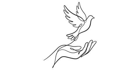 Fototapeta premium Illustrator vector single continuous line drawing of a dove flying from a hand. Concept of peace, freedom, and hope.