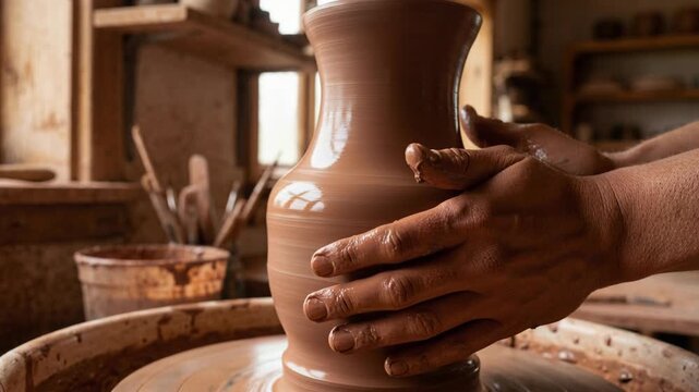 Hands shaping a brown clay vase on a pottery wheel in a rustic studio setting with soft natural light creating a warm atmosphere