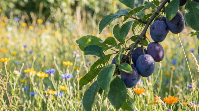 Close up view of dark ripe plums on a tree branch with green leaves against a soft focus background of a sunny wildflower field
