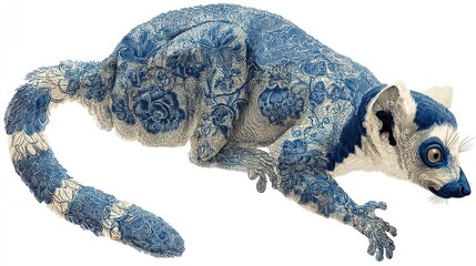 Obraz premium Detailed Illustration Of A Blue And White Lemur With A Long Tail Against A White Background