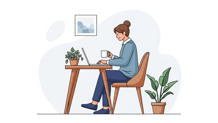 2D illustration of work-from-home lifestyle, person using laptop at desk with plants and coffee, minimal flat vector style, warm and friendly tones