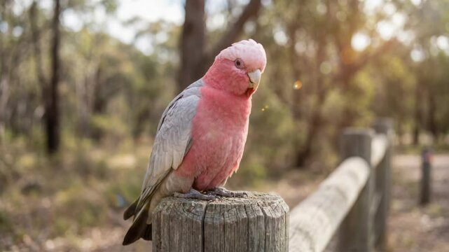 A detailed close up of a pink and grey galah cockatoo perched on a rustic wooden fence post. The bird is in profile, facing slightly left, with soft