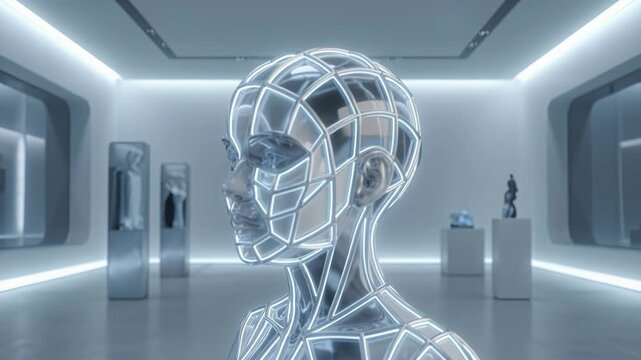 A detailed close-up of a futuristic digital human face with a glowing blue wireframe structure superimposed over its features, set in a minimalist