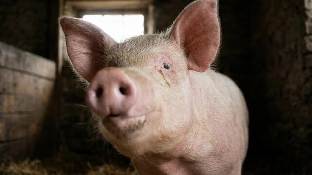 A curious pink pig stands in a rustic barn filled with straw. Natural light streams through a window, highlighting its features