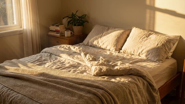 Cozy Bedroom Scene With Warm Golden Sunlight Streaming Through Window Onto A Neatly Made Bed With Textured Linens And A Potted Plant On A